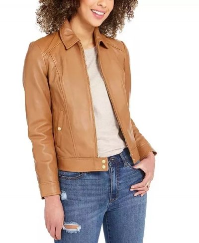 Cole Haan Women's Leather Shirt Collar Jacket, Hazelnut, Medium