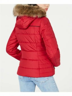 Celebrity Pink Juniors' Puffer Coat with Faux Fur Trim Hood, TRUE RED, Small