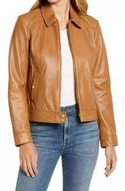 Cole Haan Women's Leather Shirt Collar Jacket, Hazelnut, Medium