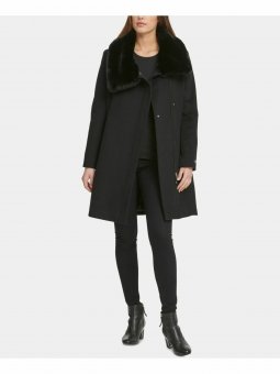 DKNY Womens Faux Fur Zippered Button Down Winter Jacket Coat , BLACK, PXS