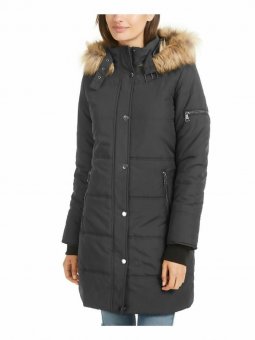 MARALYN & ME Womens Faux Fur Hooded Puffer Winter Jacket Coat, CONCRETE, XS