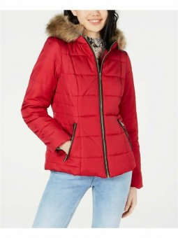 Celebrity Pink Juniors' Puffer Coat with Faux Fur Trim Hood, TRUE RED, Small
