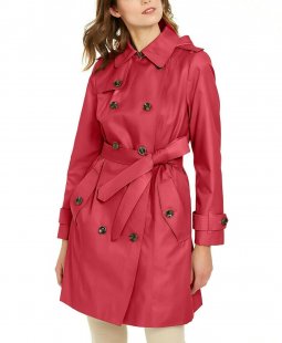 Authentic London Fog Women's Double-Breasted Hooded Trench Coat, HIBISCUS, L
