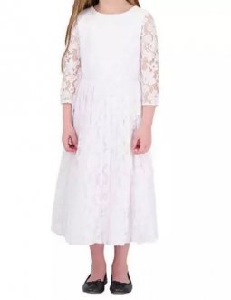Blush Girl Pleated Lace Long Sleeves Flower Church Tutu Dress, WHITE, 5||6